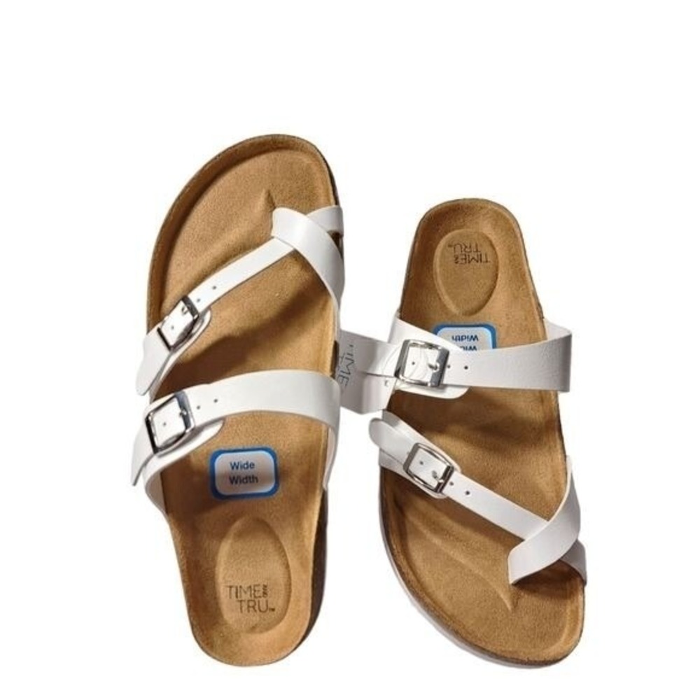 Time and Tru White‎ Sandals Women's 8 Wide Width Cork Footbed Buckle Comfort